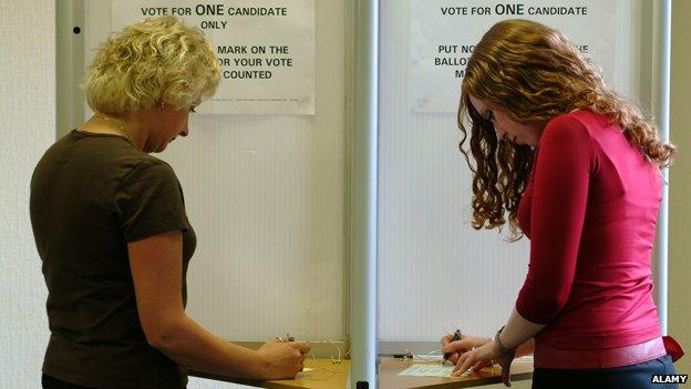 Two women at polling station