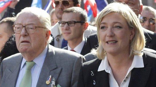 Front National founder Jean-Marie Le Pen with his daughter, FN leader, Marine Le Pen (right) in 2012