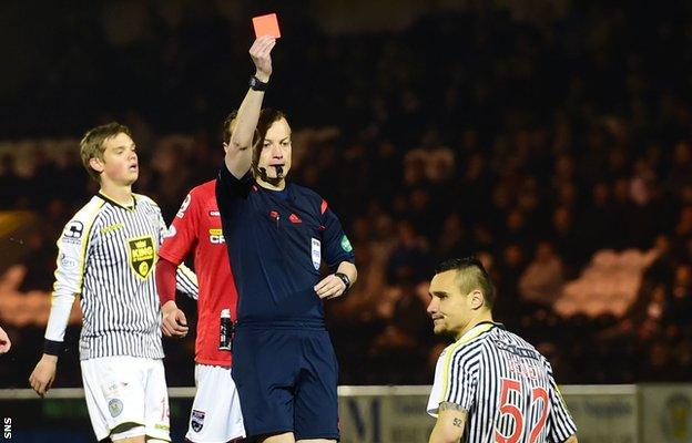 Viktor Genev is sent off by referee Willie Collum