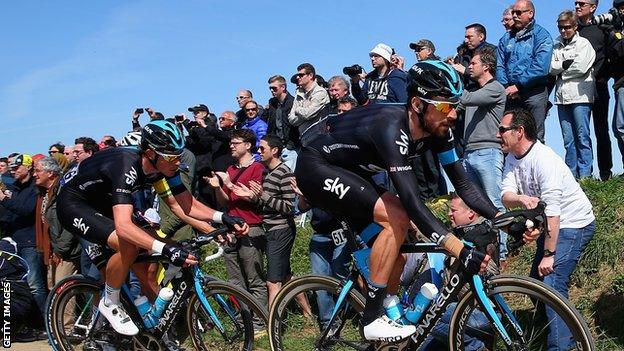 Luke Rowe (left) with Bradley Wiggins (right) at the Paris-Roubaix race