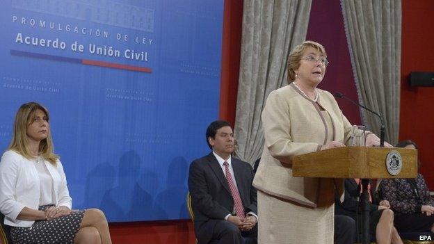 President Michelle Bachelet during the enactment of the law in Santiago. April 13, 2015