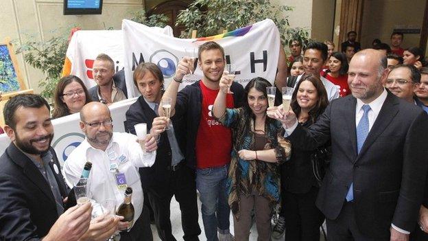 Gay rights campaigners celebrate with a government spokesman after Congress approved a bill recognising civil unions. 01/28/2015