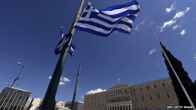 A greek flag flutters in front of the Greek parliament