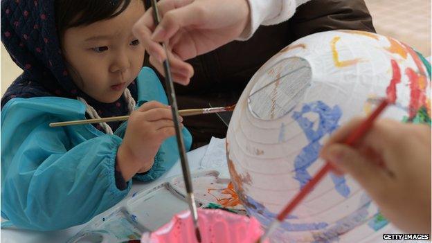 Child painting a lantern