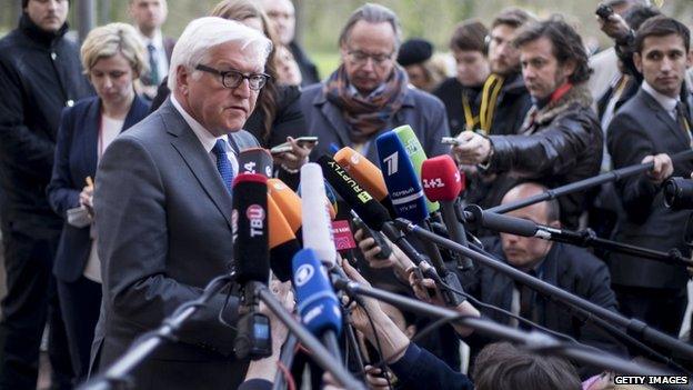 German Foreign Minister Frank-Walter Steinmeier speaks to the media in Berlin. Photo: 13 April 2015