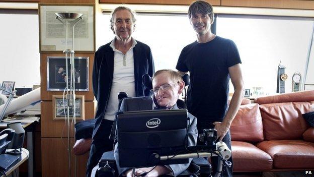 Eric Idle (left), Stephen Hawking (centre) and Brian Cox