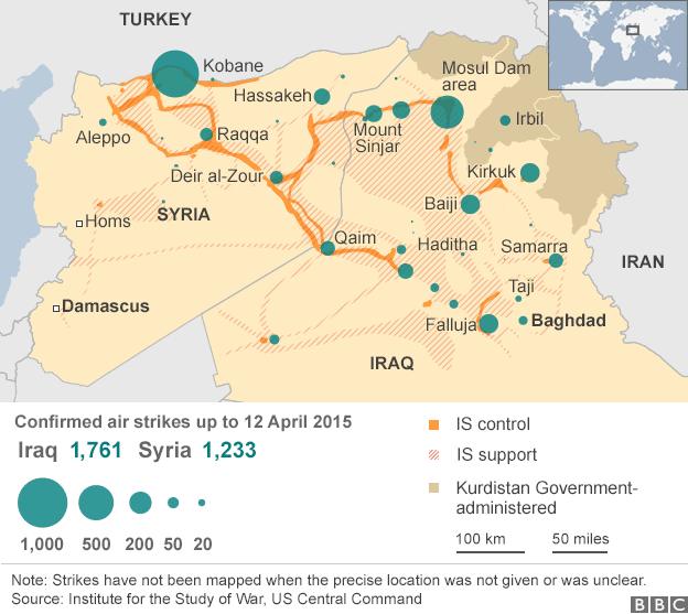 Map showing air strikes against targets in Iraq and Syria 12 April