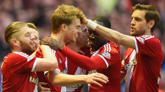 Patrick Bamford (centre) is congratulated after scoring