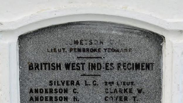 War memorial in Port Maria, Jamaica: Clemetson's name can be made out at the top