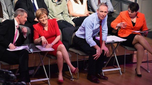 Scottish Liberal Democrat leader Willie Rennie, First Minister and SNP leader Nicola Sturgeon, Scottish Labour leader Jim Murphy and Scottish Conservative leader Ruth Davidson