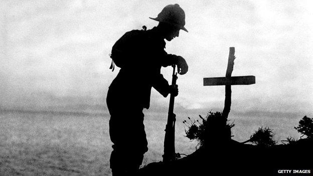 Soldier in front of cross at Gallipoli