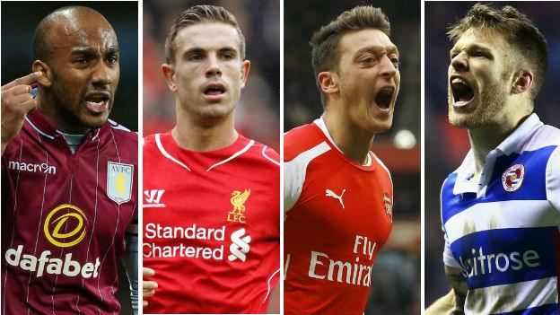 Aston Villa's Fabian Delph, Liverpool's Jordan Henderson, Arsenal's Mesut Ozil and Reading's Jamie Mackie