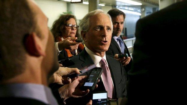 Senator Bob Corker speaks to the press ahead of a classified meeting with White House officials