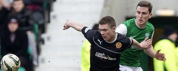 Motherwell's Craig Moore holds off Paul Hanlon