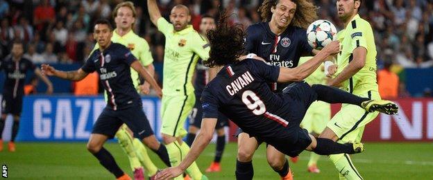 Edinson Cavani has an acrobatic effort at goal