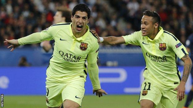 Luis Suarez (left) celebrates with Neymar (right)