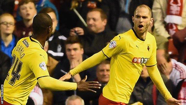 Matthew Connolly (right) celebrates scoring with Odion Ighalo