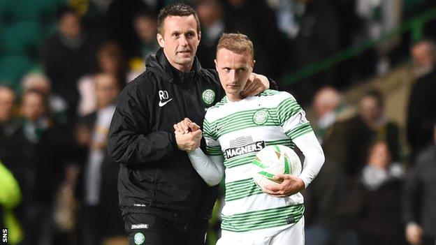 Celtic manager Ronny Deila (left) with hat-trick hero Leigh Griffiths