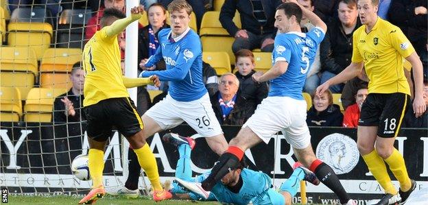 Myles Hippolyte fires into the Rangers net, but it was ruled out