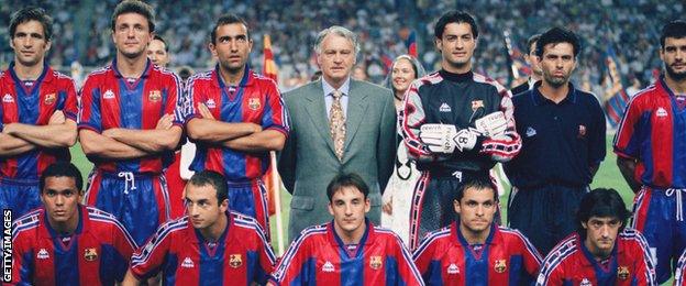 Bobby Robson (back centre) with his Barcelona players in 1996