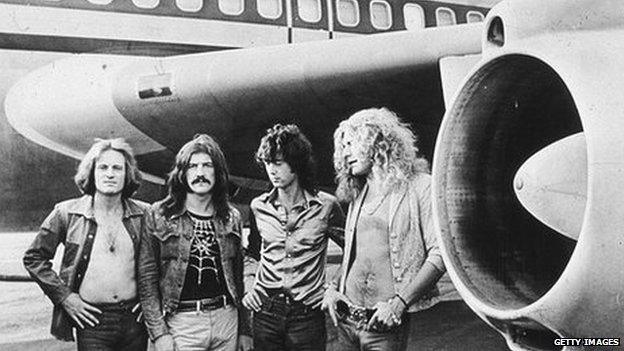 British rock band Led Zeppelin, (left -right): John Paul Jones, John Bonham (1948 - 1980), Jimmy Page and Robert Plant, in the 1970s.