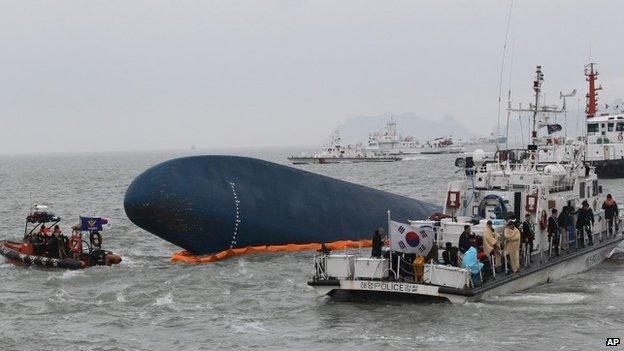 South Korean Coast Guard personnel search for missing passengers aboard the sunken South Korean ferry Sewol in the water off the southern coast near Jindo, South Korea on April 17, 2014.