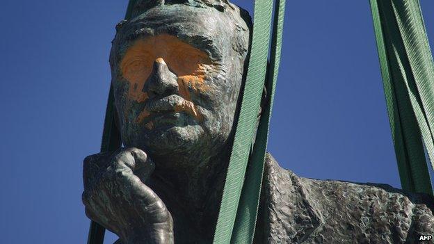 Cecil Rhodes statue at Cape Town University with paint blinding out the eyes, South Africa - April 2015