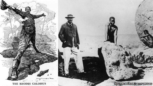 L: Caricature of Cecil Rhodes; R: Cecil John Rhodes at the site where he was buried in Zimbabwe