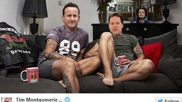 Tim Montgomerie tweet featuring Clegg and Cameron on couch