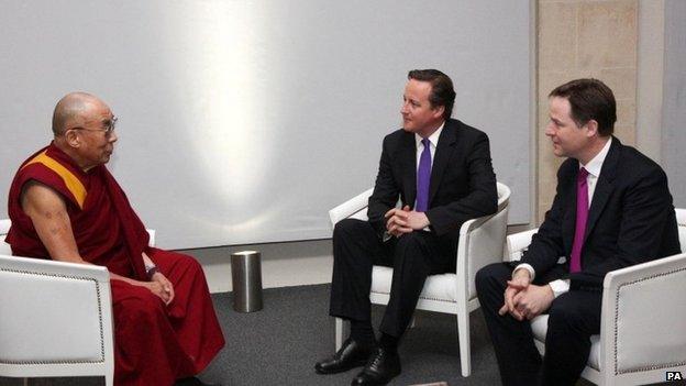 David Cameron and Nick Clegg with the Dalai Lama in Downing Street in 2012