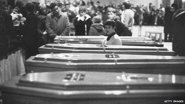 Coffins of the 13 civilians shot dead by British Paratroopers on "Bloody Sunday" lined up for the funeral