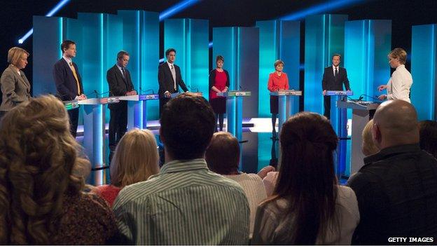 (L-R): Green Party leader Natalie Bennett, Liberal Democrat leader Nick Clegg, UKIP leader Nigel Farage, Labour leader Ed Miliband, Plaid Cymru leader Leanne Wood, Scottish National Party leader Nicola Sturgeon and British Prime Minister and Conservative leader David Cameron