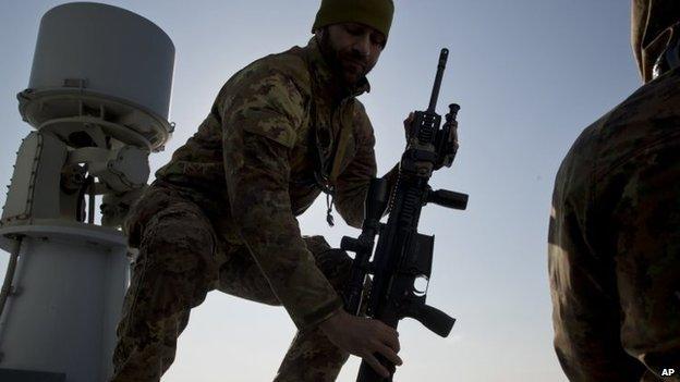 An Italian marine handles his weapon on the deck of an Italian warship (16 March 2015)