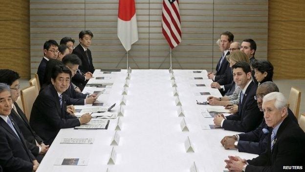 U.S. House of Representatives Ways and Means Committee Chairman Paul Ryan (3rd R), leading a congressional delegation, meets with Japan"s Prime Minister Shinzo Abe (3rd L) for talks on Trans-Pacific Partnership (TPP) and other issues at Abe"s official residence in Tokyo February 19, 2015.