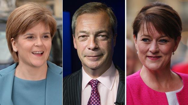 Composite image showing Nicola Sturgeon, Nigel Farage and Leanne Wood