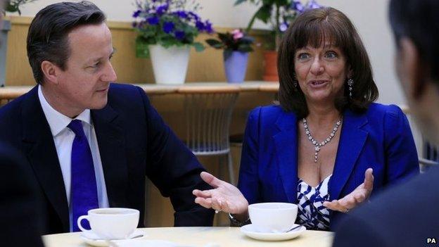 Prime Minister David Cameron and pensions campaigner Ros Altmann, who will become a minister if the Conservatives are re-elected