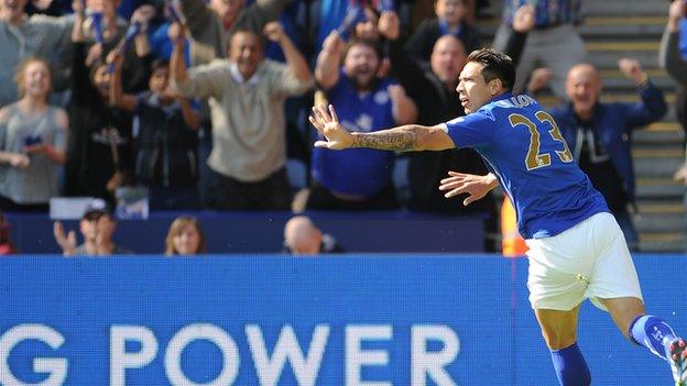 Leicester striker Leonardo Ulloa celebrates his goal against Swansea