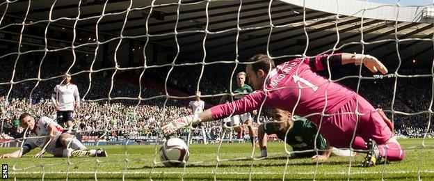 Falkirk goalkeeper Jamie MacDonald makes a save to deny Farid El Alagui