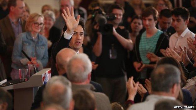 Labour Party leader Ed Miliband greets supporters after a speech on immigration at Pensby High School in the Wirral