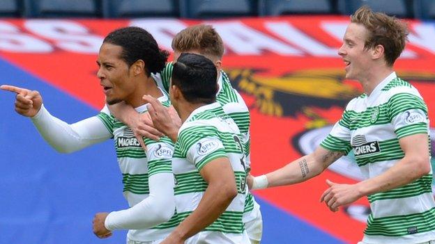 Virgil van Dijk celebrates scoring for Celtic