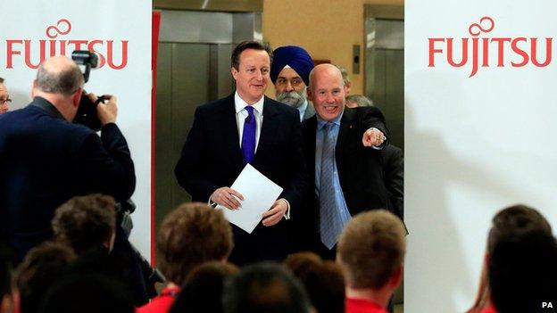 David Cameron arriving to deliver a speech at Fujitsu in Solihull