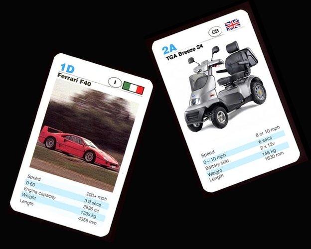 Mocked up Ferrari and mobility scooter Top Trumps