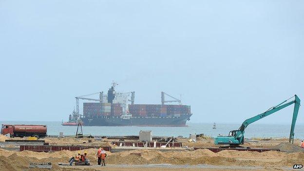 Construction continues on a section of the Chinese-built and owned new Colombo South Harbour in Colombo on 15 August 2013.