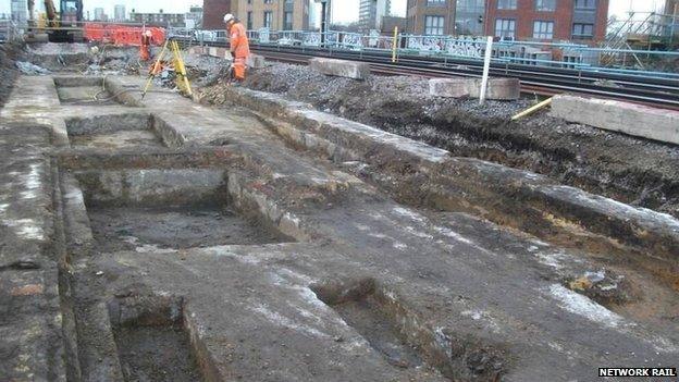 Old platform footings uncovered from the long-lost Southwark Park station