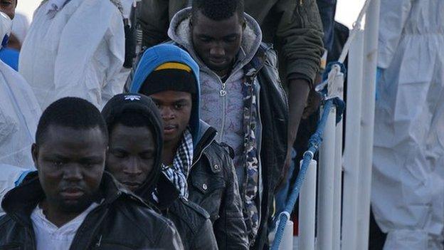 Rescued migrants with Italian coastguard