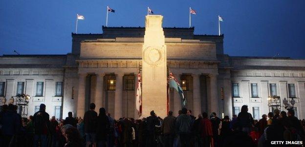 Dawn service on Anzac Day outside the Cenotaph in Auckland (April 2009)