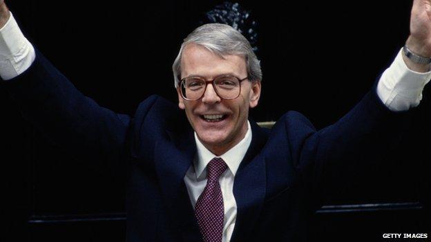 John Major celebrates his election victory in 1992