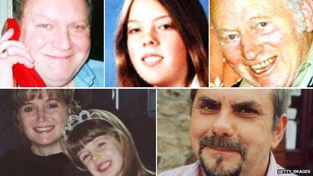 The victims from left to right: Train driver Stanley Martin, Emily Webster, Charlie Matthews, Anjanette Rossi and Louella Main, and Barry Stevens