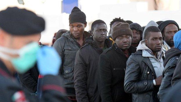 African migrants arrive in the Italian port of Augusta, Sicily, 16 April, 2015