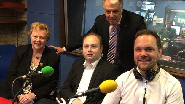 BBC Northampton presenter Stuart Linnell with Rose Gibbins (UKIP), David Mackintosh (Conservative) and Kevin McKeever (Labour)